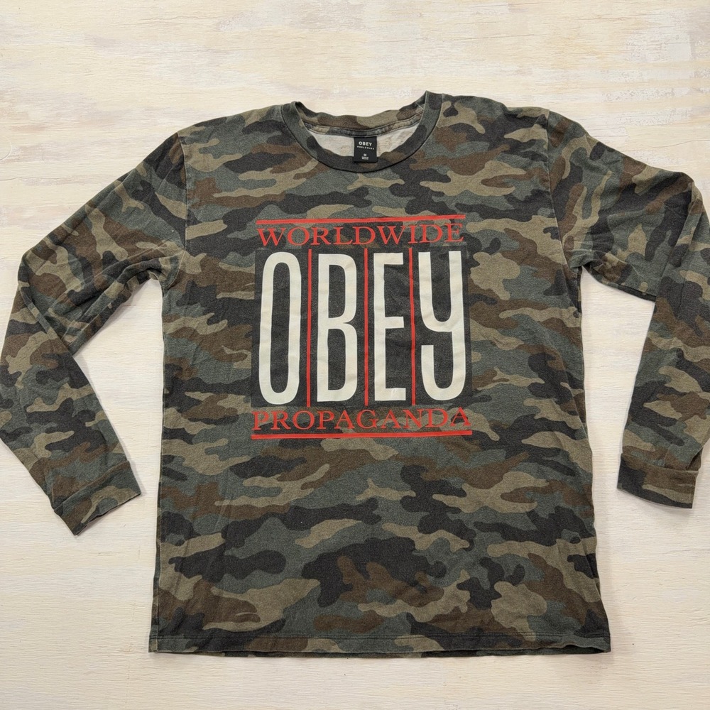 Obey Shirt Long Sleeve Worldwide Propaganda Camo Graphic Green Mens Size M